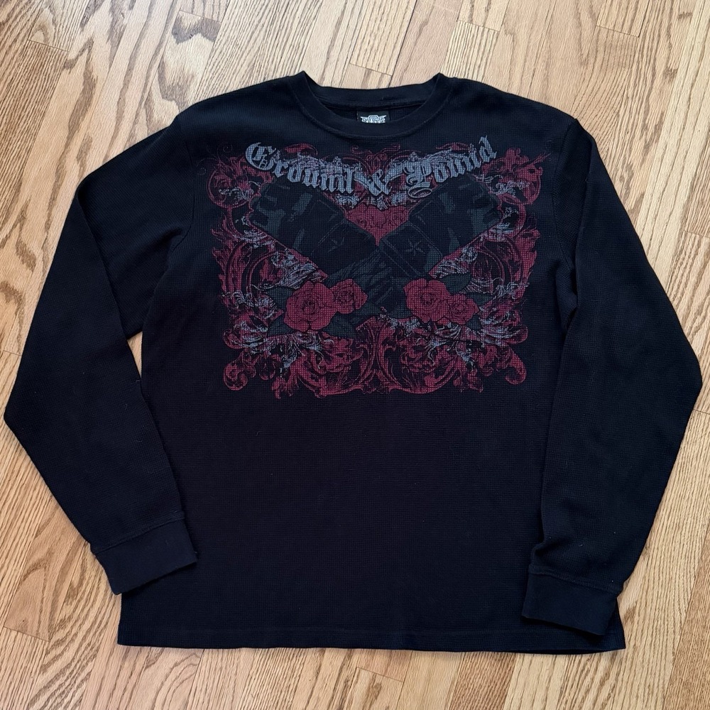 MMA Elite Mens XL Black Thermal Shirt Affliction Grunge Graphic Edgy Y2K Street